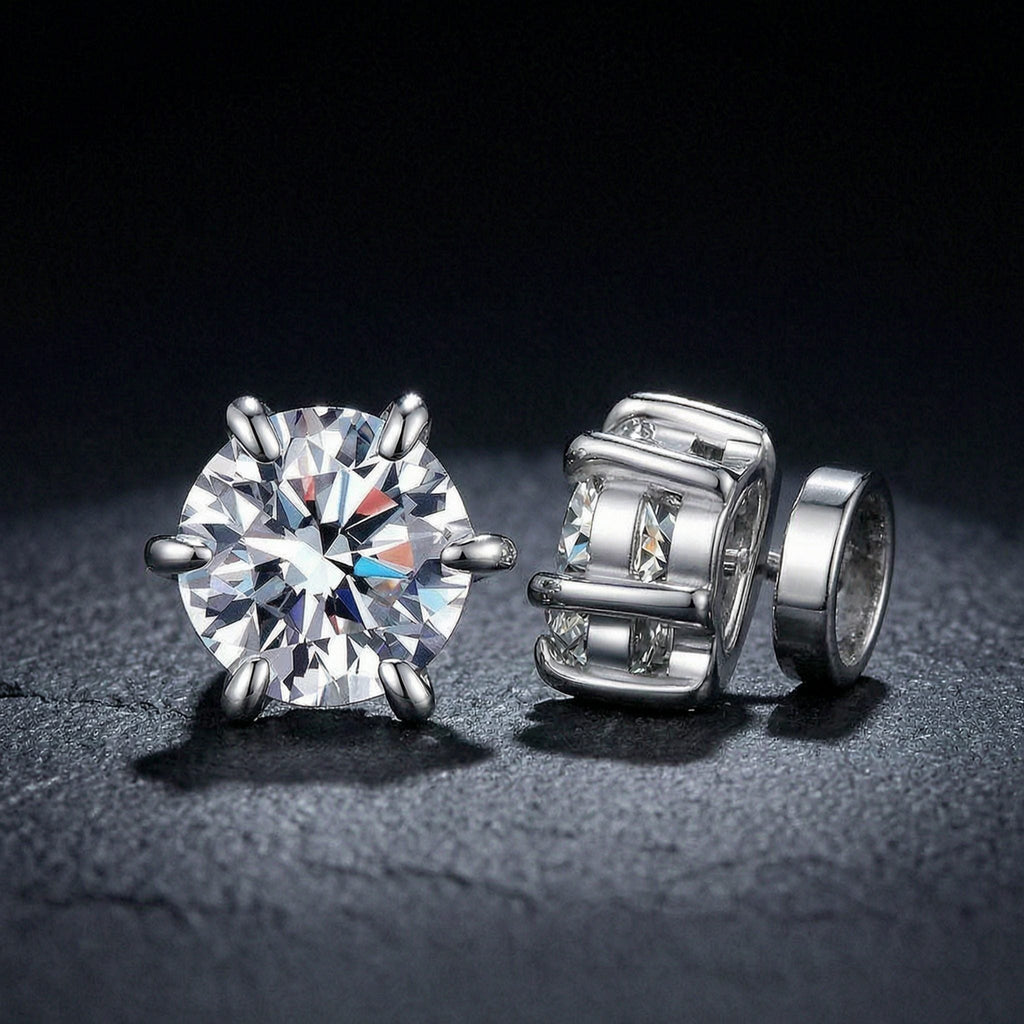 S925 Magnetic Moissanite / CZ Stud Earrings for Men Women, 1ct 6.5mm 6-Prong Round Cut, Inlaid Magnetic Earrings Non-Piercing Clip On Stud Earring