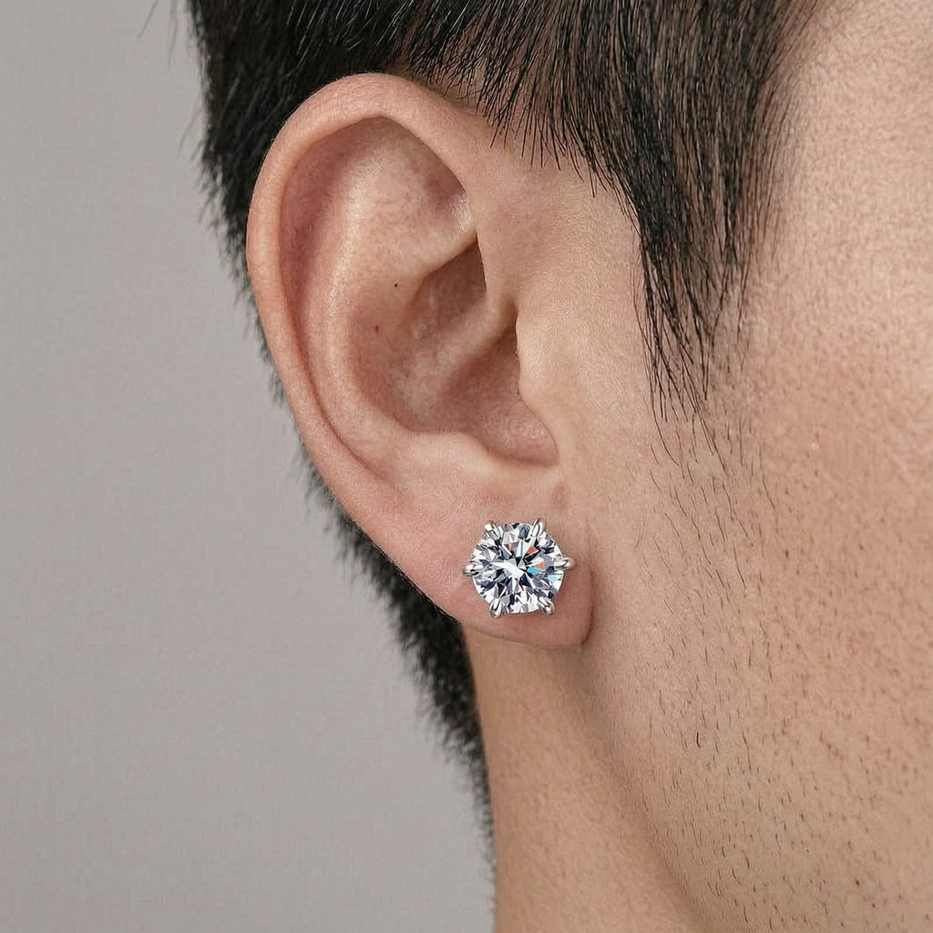 S925 Magnetic Moissanite / CZ Stud Earrings for Men Women, 1ct 6.5mm 6-Prong Round Cut, Inlaid Magnetic Earrings Non-Piercing Clip On Stud Earring